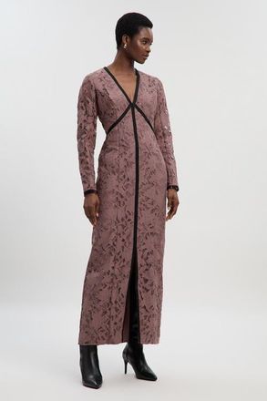 Karen Millen Petite V-Neck Lace Tape Maxi Dress in Taupe at Nordstrom, Size 10P