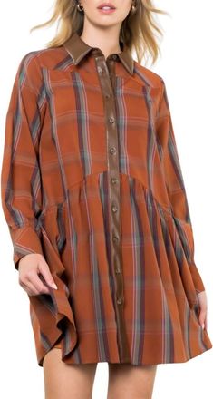 THML Clothing Plaid Contrast Leather Button Dress In Rust
