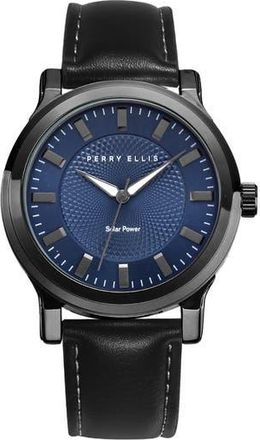 Perry Ellis Solar Faux Leather Strap Watch in Gunmetal/Blue at Nordstrom Rack