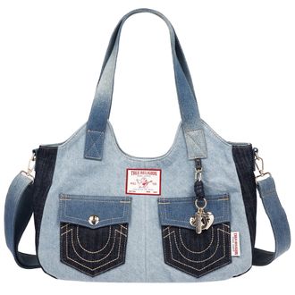 True Religion Color Block Denim Soft Satchel with Detachable Crossbody Strap
