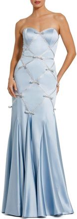 Mac Duggal 3D Bow Satin Strapless Mermaid Gown in Powder Blue Silver at Nordstrom, Size 14