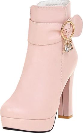 Generic Stylish Womens Chunky Heel Platform Ankle Boots Fashion Block High Footwear For Ladies Comfortable Durable Sole (Red, 6.50)