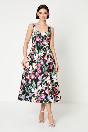 Oasis Womens Occasion Floral Strappy Twill Midi Dress - Black - Size 12 UK