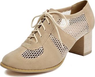 Generic Womens Lace Mesh Stacked Chunky Heel Wingtips Oxfords Round Toe Lace Up Pumps Shoes Work Office Casual Loafers (5.5,Beige)