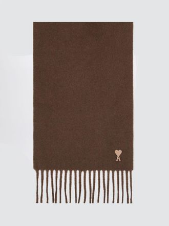 Ami Rectangular Pure Wool Scarf with Logo and Fringed Hem