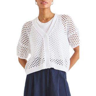 Splendid Nova Short Sleeve Cotton Pointelle Cardigan in White at Nordstrom, Size X-Small