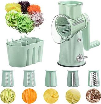 OEM Rallador De Tambor - Mandolina - Cortador De Cebolla - Para Queso, Verduras Y Frutas - Con 5 Cuchillas Intercambiables - Verde