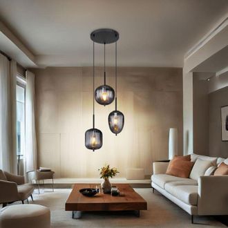 Globo Lighting Lampada a sospensione Lampada da tavolo a sospensione Lampada da soggiorno Lampada da sala da pranzo, metallo nero vetro color fumo, 3 fiamme E14, H