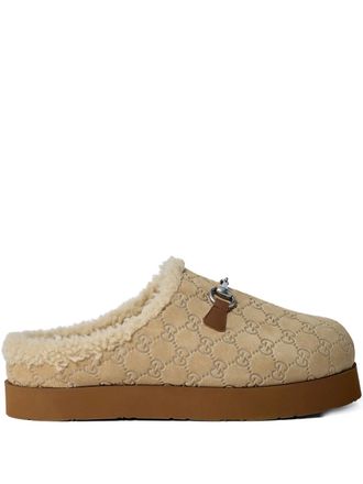 Gucci Interlocking-G horsebit slippers - men - Calf Suede/Merino/Rubber - 10 - Neutrals