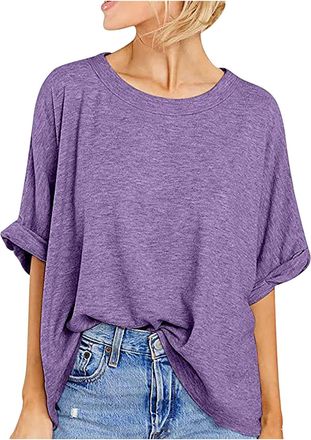 Generic Oversized T-Shirt for Women Casual Baggy Short Sleeve Basic Pullover Tops Summer Tshirts Plain Colour Loose Fitting Classic-Fit Blouse Tops Plus Size 