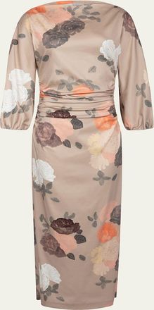 Bernadette Ezra Floral-Print Ruched 3/4-Sleeve Maxi Dress