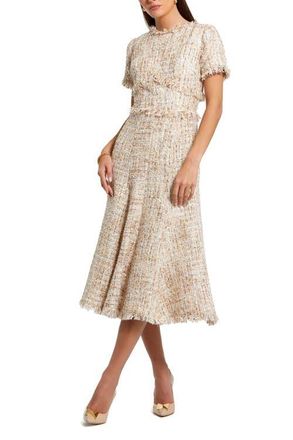 Mac Duggal Petite Boucle Short Sleeve A Line Midi Dress in Blush at Nordstrom, Size 8P