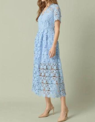 endless rose All Over Lace Short Sleeve Midi Dress In Light Blue