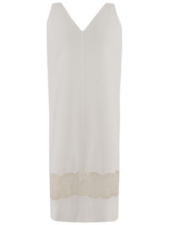 Carven Sleeveless White Cotton Dress with V-Neckline and Lace Trim