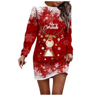 Generic Christmas Sweater Dress for Womens UK Xmas Jumper Sweater Tunic Christmas Jumper Dress for Women UK Cute Reindeer Santa Xmas Tops Long Sleeve O Neck P