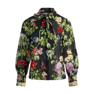Alice & Olivia Black Floral Print Puff Sleeve Shirt