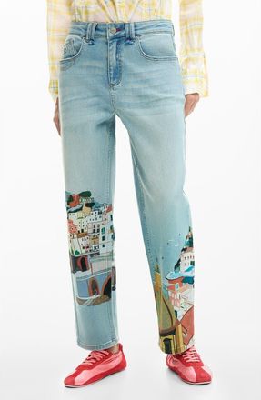 Desigual Graphic Print Ankle Taper Jeans in Medium Blue at Nordstrom, Size 36