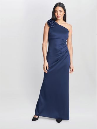Gina Bacconi Womens Agatha 3D Flower Detailed One Shoulder Maxi Dress - Navy - Size 16 UK