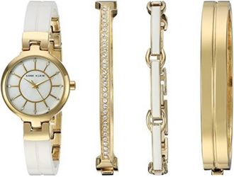 Anne Klein Quartz Ladies Gold-Tone and White Ceramic Watch and Bracelet Set AK-2048GXST