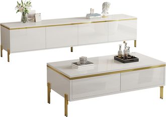 STILVORA Conjunto Mueble De Tv Y Mesa De Centro Con 2 Puertas, 2 Cajones Y Compartimentos Ocultos, Para Sal&oacute;n, Tablero De Part&iacute;culas, Blanco