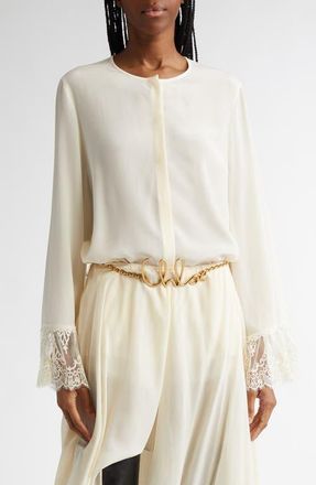 Chloé Lace Cuff Silk Crêpe de Chine Shirt in Coconut Milk at Nordstrom, Size 10 Us