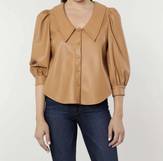 Dolce Cabo Hollie Faux Leather Blouse With Puff Sleeves In Amber