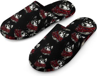 Generic Husky Dog Wearing Scarf Christmas Mens Cotton Slippers Memory Foam Comfort House Shoes Winter Indoor Slipper for Hotel Casa Spa