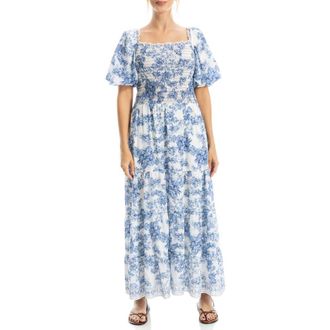 Max Studio Print Smocked Puff Sleeve Maxi Dress in Cream/Denim at Nordstrom Rack, Size X-Small