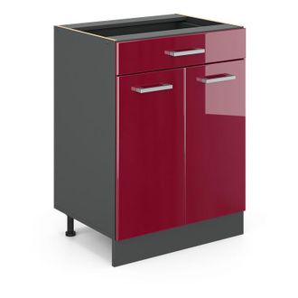 Vicco Mobiletto base per cucina R-Line, Rosso bordeaux lucido, 60 cm con cassetto, senza piano di lavoro, Vicco