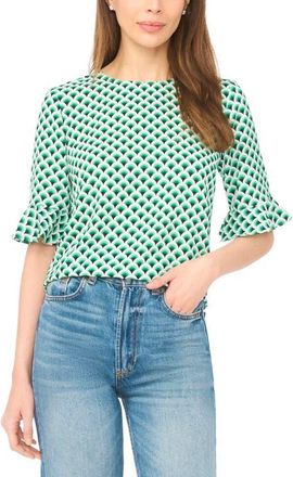 CeCe by Cynthia Steffe Fan Print Ruffle Cuff Top in Holly Green at Nordstrom, Size X-Small