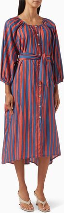 Natalie Martin Alex Midi Dress With Sash In Blood Orange/blue Batik Stripe