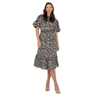 Lovedrobe Womens Midi Dress Ladies Round Neck Short Puff Sleeve Frilly Ruffle Detail Tie Back Printed A-line Smart Casual, Animal Print, 14