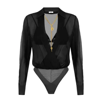 Elisabetta Franchi Tops, Dames, Zwart, XL, Tule, Bodysuit in Georgette Fabric with Jewel Chain
