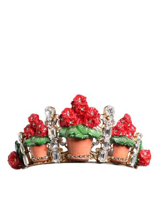Dolce & Gabbana Womens Red Floral Flowerpot Crystal Gold Crown Tiara Headband Brass Accessory