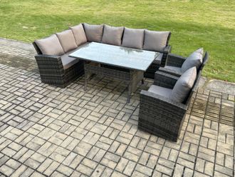 Fimous 8 Seater Garden Rattan Furniture Corner Dining Set with Armchair Indoor Outdoor Lounge Sofa Set Dark Grey Mixed