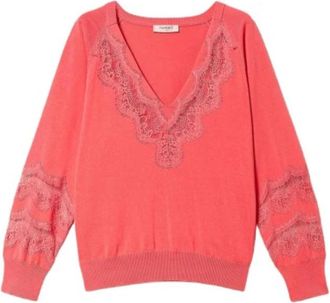 Twinset Maxi V-hals Kant Trui - Dames - V-hals truien - Rood - XS - Katoen - Truien & Vesten