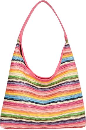 Generic Straw Shoulder Bag For Women, Large Straw Bags Weave Handmade Handle Tote Bag Durable Leather Handles Bohemian Shoulder Handbag for Beach Travel