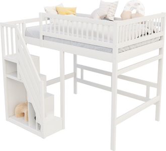 STILVORA Cama Alta Doble Con Escalera De Almacenaje Y Barandilla Alta, 140&times;200 Cm, Sin Colch&oacute;n, Blanca