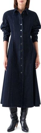 Akris Long Sleeve Corduroy Fit & Flare Shirtdress in Navy at Nordstrom, Size 10