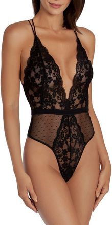 In Bloom by Jonquil Plunge Neck Lace Thong Teddy in Black at Nordstrom, Size X-Small