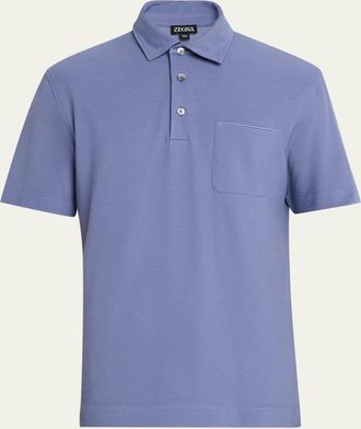 Ermenegildo Zegna Mens Pique Polo Shirt with Leather-Trim Pocket