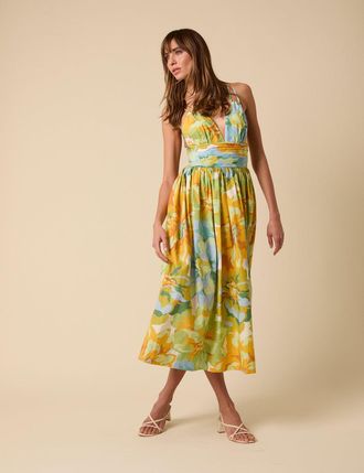 Nobody's Child Yellow And Blue Floral Dua Midi Dress