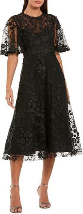 Mac Duggal Womens Floral Embroidered Mesh Midi Dress with Sleeves in Black at Nordstrom, Size 10