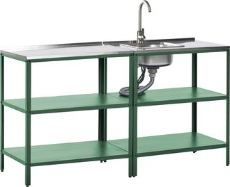 Beliani Conjunto De 2 Islas De Cocina Exterior De Acero Inoxidable Con Fregadero Ca&ntilde;o Monomando Verde Vilama