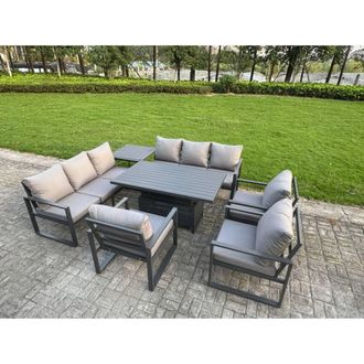 Fimous Aluminum 7-Piece 9-Seater Dining Set with Lifting Table in Dark Grey