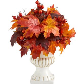 Nearly Natural 20-in Autumn Maple Leaf and Berries Artificial Plant in White Urn in Orange at Nordstrom