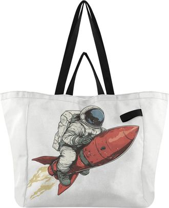Generic Astronaut Riding White print Reusable Canvas Tote Bag, Heavy Duty Grocery Shopping Bag with Large Capacity Double Handles Hard Bottom Work Groceries T