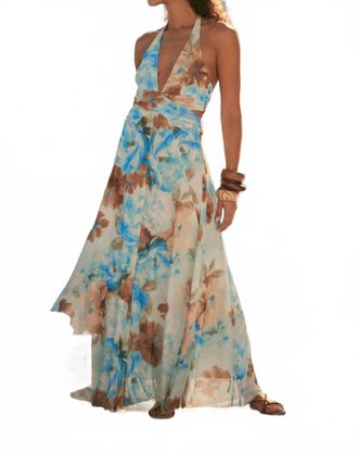 Promesa Floral Mesh Halter Cut-Out Maxi Dress In Taupe/blue