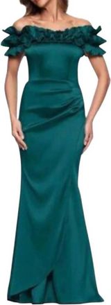Xscape Off-Shoulder Ruffle Mermaid Formal Gown In Hunter Green