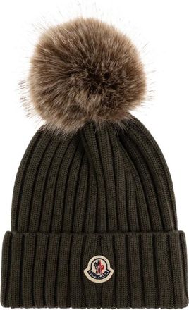 Moncler Accessoires, Dames, Groen, ONE Size, Wol, Wollen muts met pompon